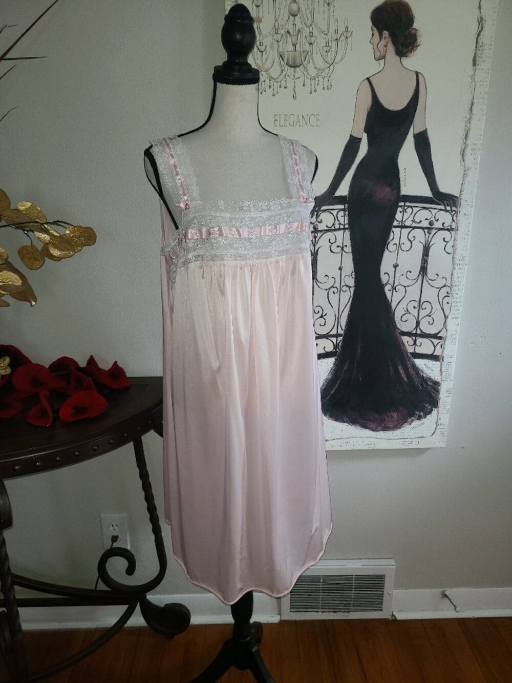 Lorraine VTG Nylon Nightgown Sz M Pink Embroidered Lace Ribbon Sleeveless